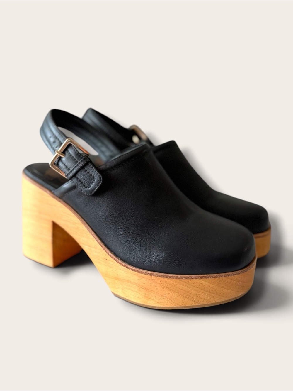 Charlotte Stone Black Leather Slingback Platform Clogs with Wood Heel